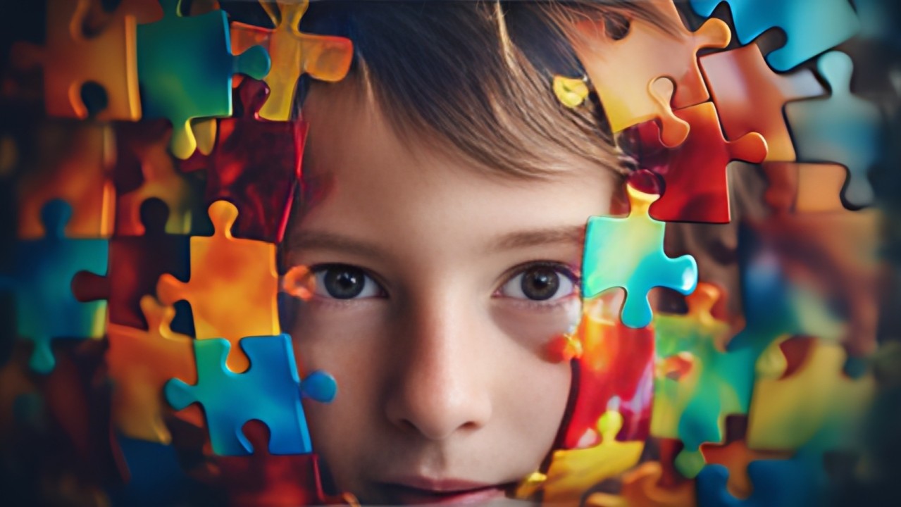 Menino autista observando o mundo através de uma cortina de peças de quebra-cabeça coloridas

